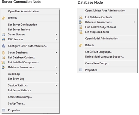 This image shows the options in context menus for server connection node and database node in Administration tree.