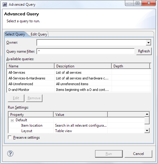 This image shows the Select Query tab in the Advanced Query dialog.