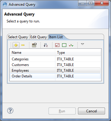 This image shows the Item List tab in the Advanced Query dialog.