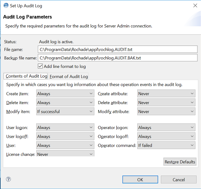 This image shows the Set Up Audit Log dialog.