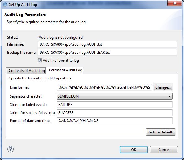This image shows the Set Up Audit Log dialog.