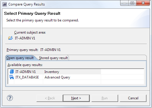 This image shows the Compare Query Result dialog.