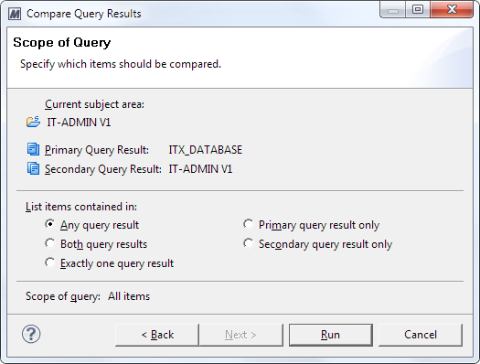 This image shows the Scope of Query page of the Compare Query Result dialog.
