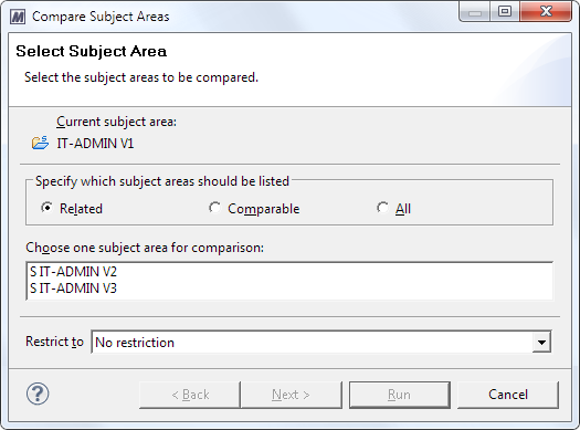 This image shows the Compare Subject Areas dialog.
