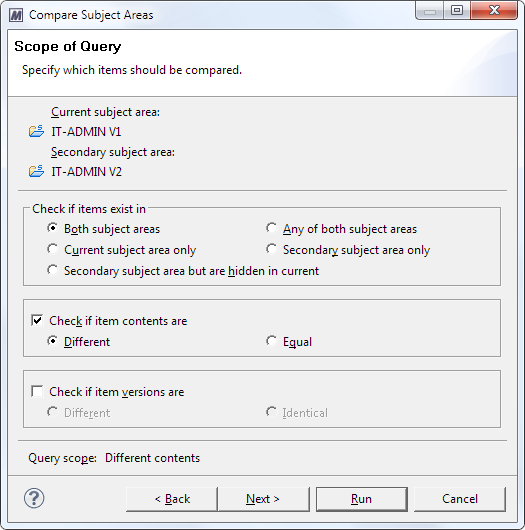 This image shows the Scope of Query page in the Compare Subject Areas dialog.