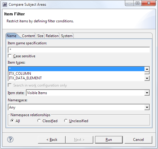 This image shows the Item Filter page in the Compare Subject Areas dialog.