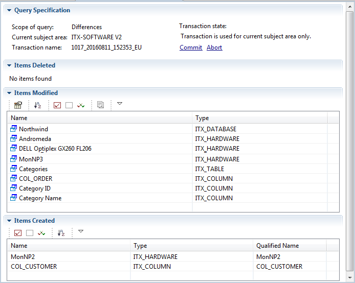 This image shows the result of a Compare with Transaction query of an XML import transaction.