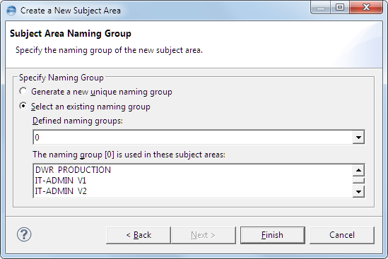 This image shows the Subject Area Naming Group page.