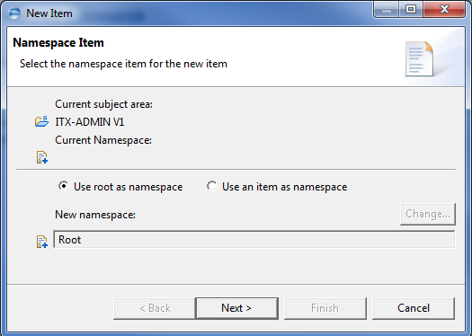 This image shows the Namespace Item page in the New Item dialog.