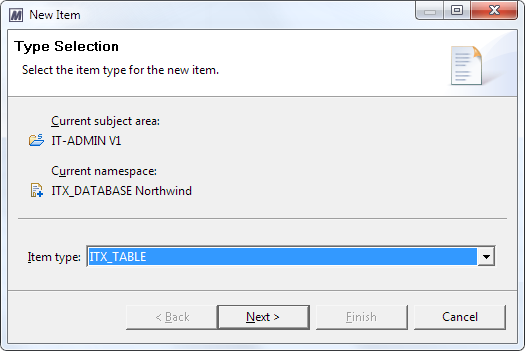 This image shows the Type Selection page in the New Item dialog.