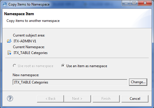 This image shows the Namespace Item page in the Copy Items to Namespace dialog.
