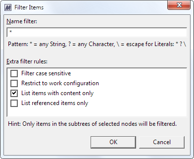 This image shows the Filter Items dialog for a navigation tree. 