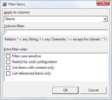 This image shows the Filter Items dialog for a table view or search result. 