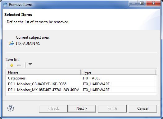 This image shows the Selected Items page in then Remove Items dialog.