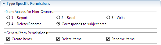 This image shows the Type Specific Permissions panel.