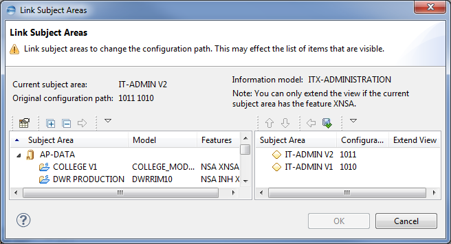 This image shows the Link Subject Areas dialog.