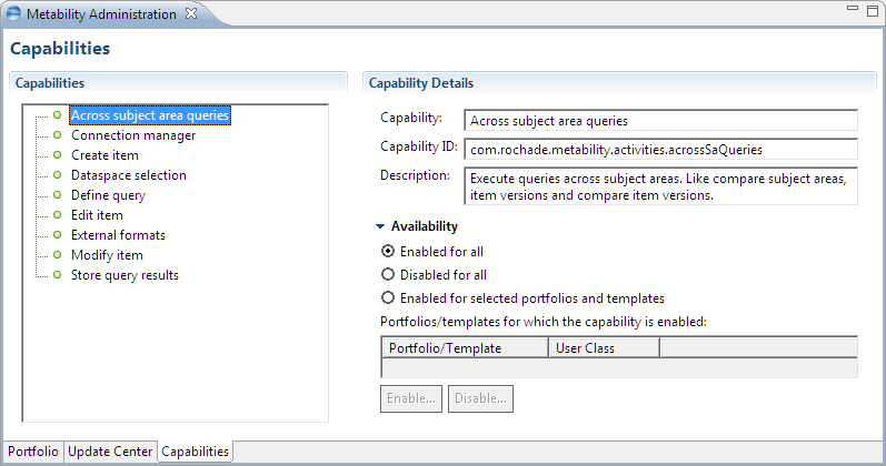 This image shows the Capabilities subpage of the Metability Administration dialog.
