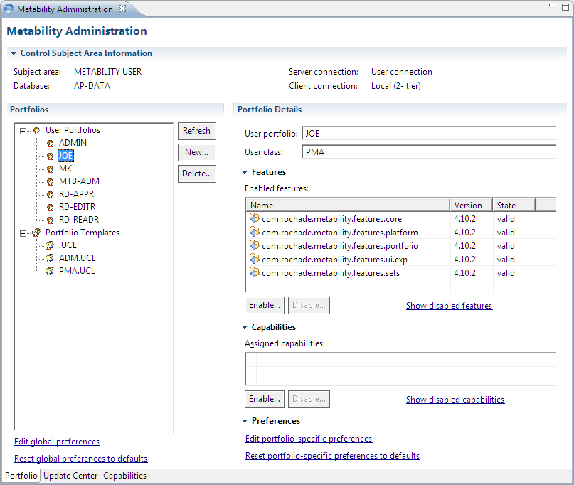 This image shows the Metability Administration page.