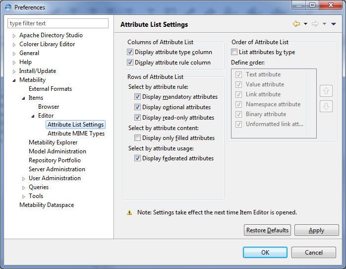 This image shows the Attribute List Settings in the Editor option of Items in Metability preferences.