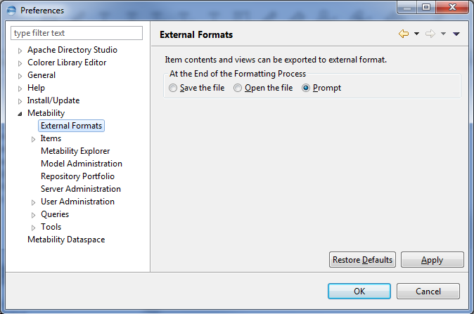 This image shows the External Formats in Metability preferences.