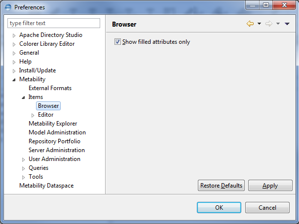 this image shows the Browser options of Items in Metability preferences.