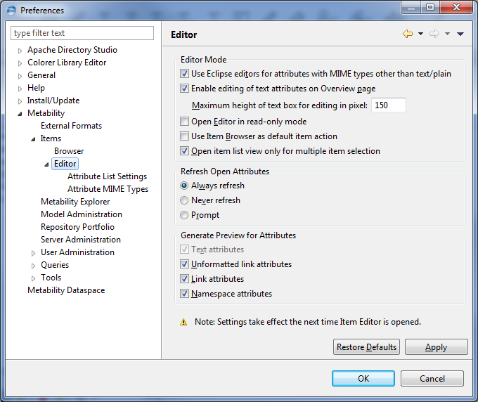 This image shows the Editor options of Items in Metability preferences.