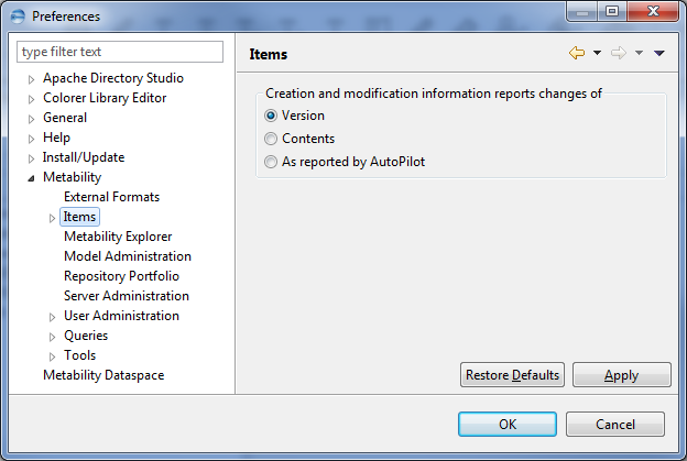 This image shows the Items in Metability preferences.