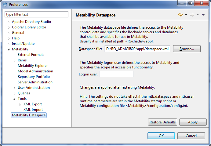 This image shows the Metability Dataspace details in Metability Preferences.