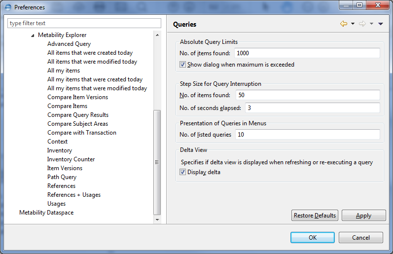 This image shows the Queries in Metability preferences.