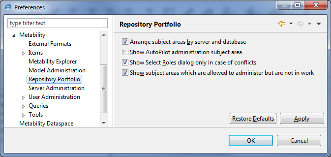 This image shows the Repository Portfolio in Metability preferences.