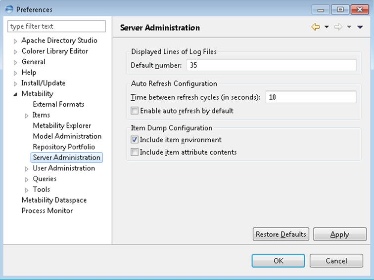 This image shows the Server Administration in Metability preferences.