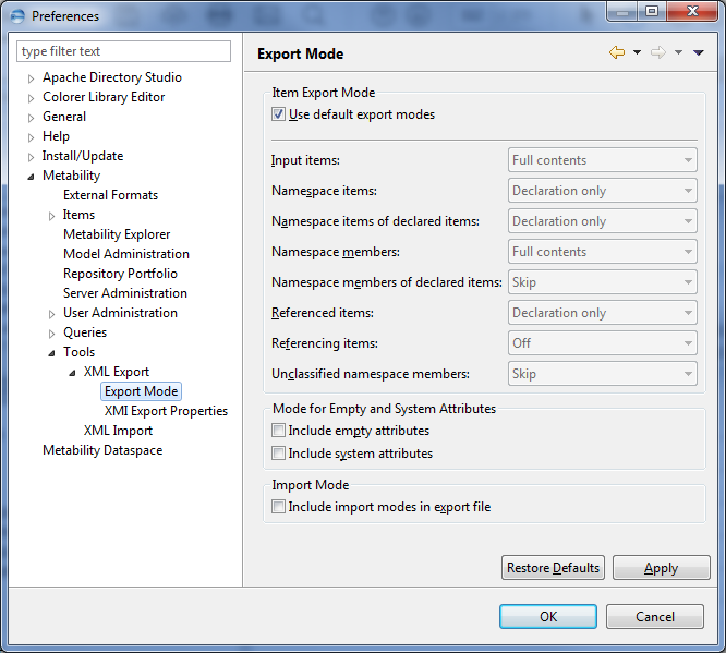 This image shows the Export Mode of Tools in Metability Preferences.