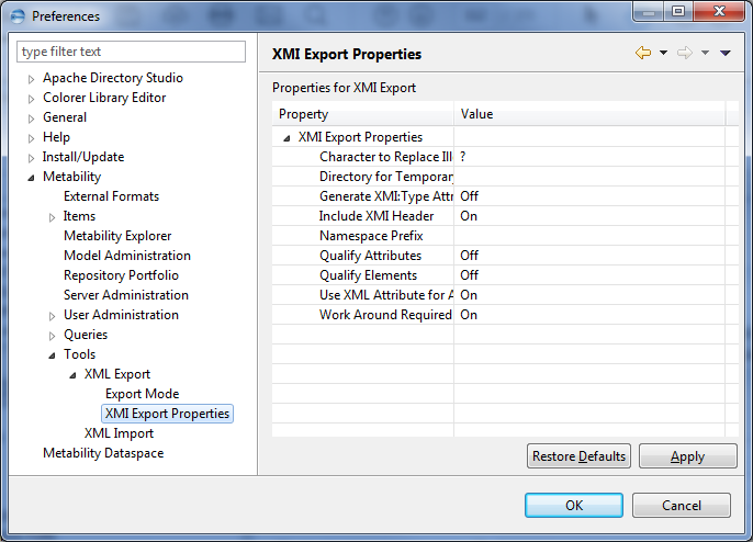 This image shows the XML Export Properties of Tools in Metability Preferences.