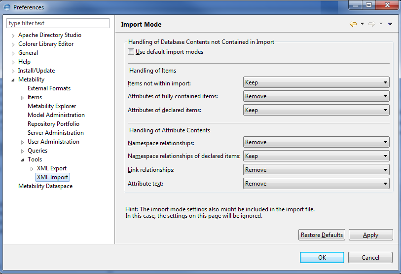 This image shows the Import Mode of Tools in Metability Preferences.