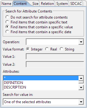 This image shows the options in the Search for Attribute Contents section.