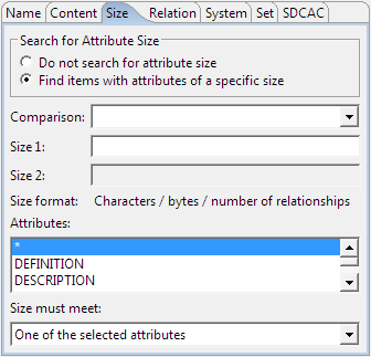 This image shows the options in the Search for Attribute Size section.