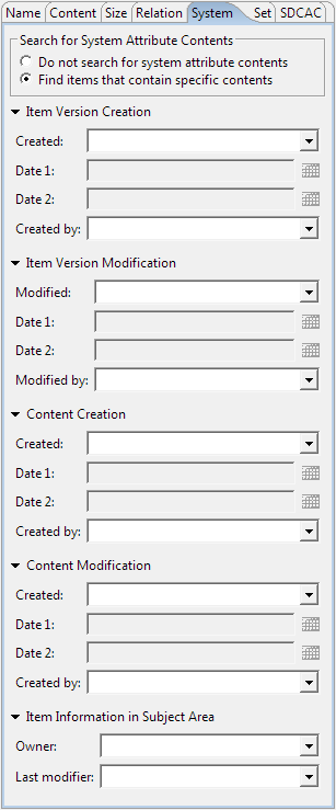 This image shows the options in the Search for System Attribute Contents section.